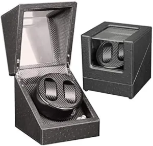 Automatic Double Watch Winder, Fibre Piano Finish with PU Leather,Watches Storage Display Box (Color keenly bundle : BlackRed-PU) (Black) Mechanical Watch Shaker 