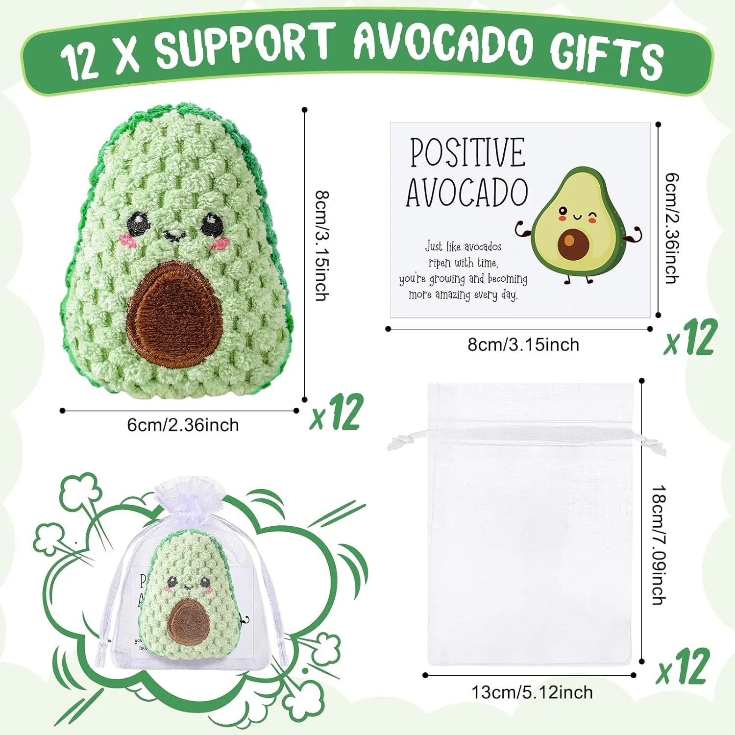 Avocado Gifts Mental Health Emotional Avocado Included Handmade Crochet deliver Doll with Inspirational Cards and Organza Bags Motivational Gifts (Classic) 12 Sets Positive Funny 