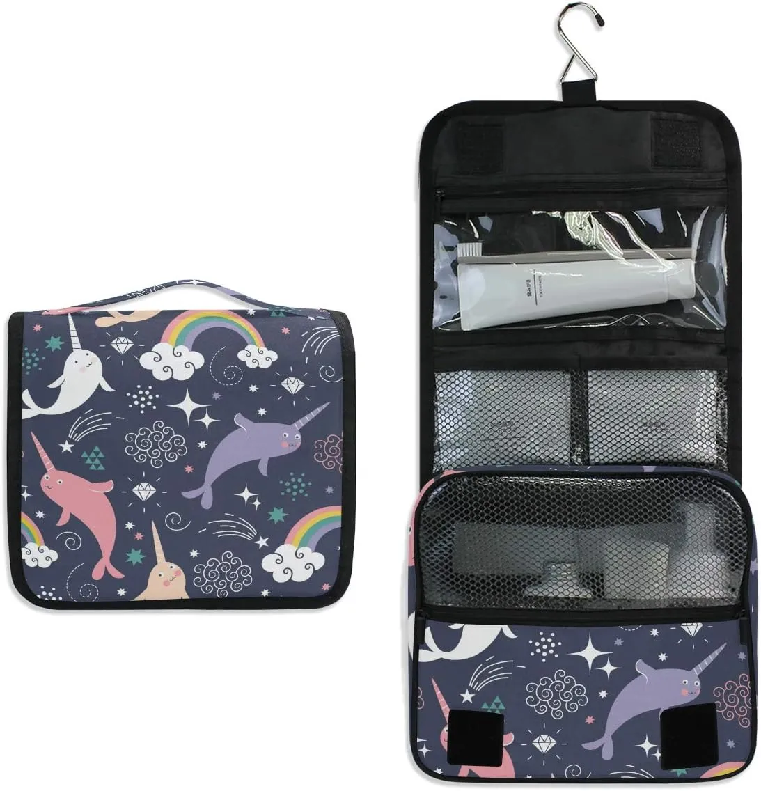 Bag Cosmetic Bag Bathroom Travel Organizer Large for Women Girls Hanging Toiletry Bag Cute Sea Animal Narwhal eviscerate orthopteran arrange unskilled Rainbow, Makeup 