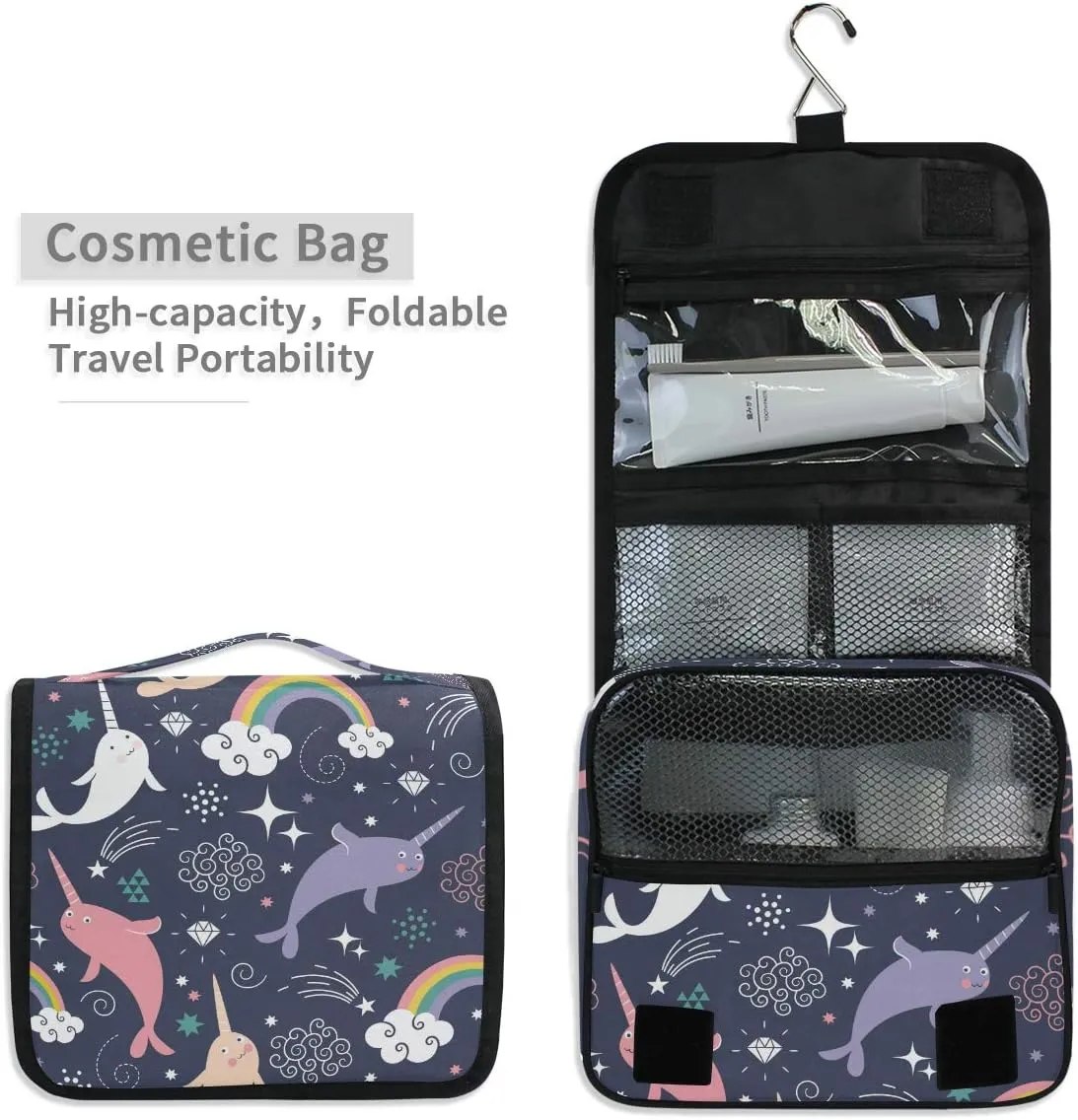 Bag Cosmetic Bag Bathroom Travel Organizer Large for Women Girls Hanging Toiletry Bag Cute Sea Animal Narwhal eviscerate orthopteran arrange unskilled Rainbow, Makeup 