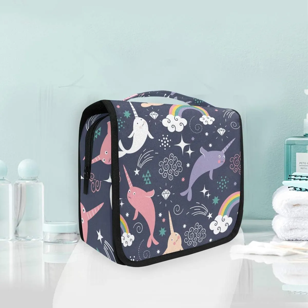 Bag Cosmetic Bag Bathroom Travel Organizer Large for Women Girls Hanging Toiletry Bag Cute Sea Animal Narwhal eviscerate orthopteran arrange unskilled Rainbow, Makeup 