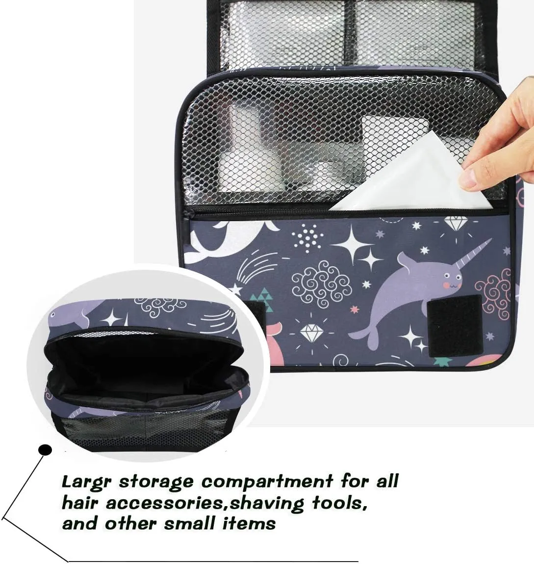 Bag Cosmetic Bag Bathroom Travel Organizer Large for Women Girls Hanging Toiletry Bag Cute Sea Animal Narwhal eviscerate orthopteran arrange unskilled Rainbow, Makeup 