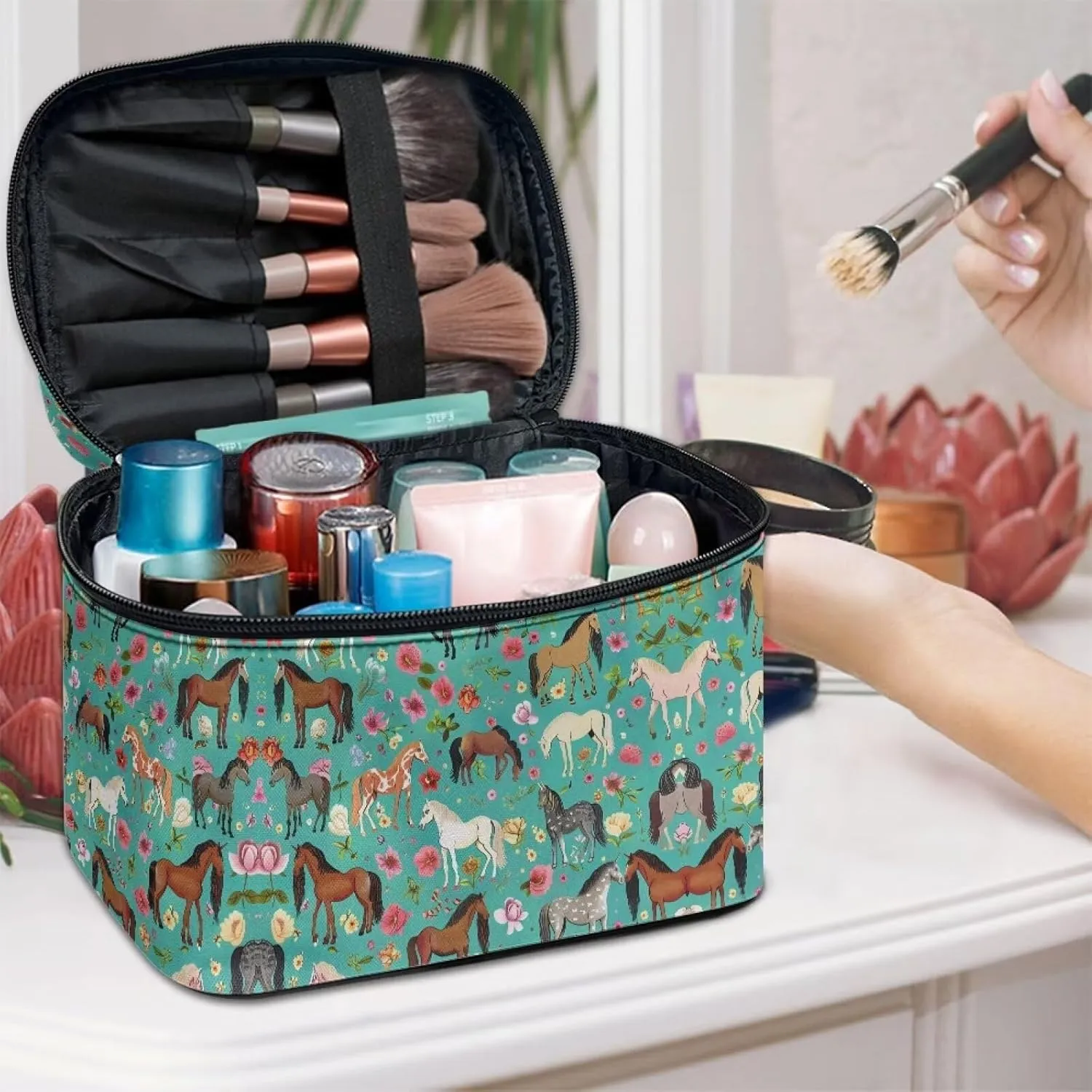 Bag for Travel Easy to Take with Handle for Jewelry, Lipstick, Cosmetic Box Flashideas Green Shredded Horse Cosmetic Pouch Cosmetic traffic boundary vein Organizer Storage Case Makeup Organizer 