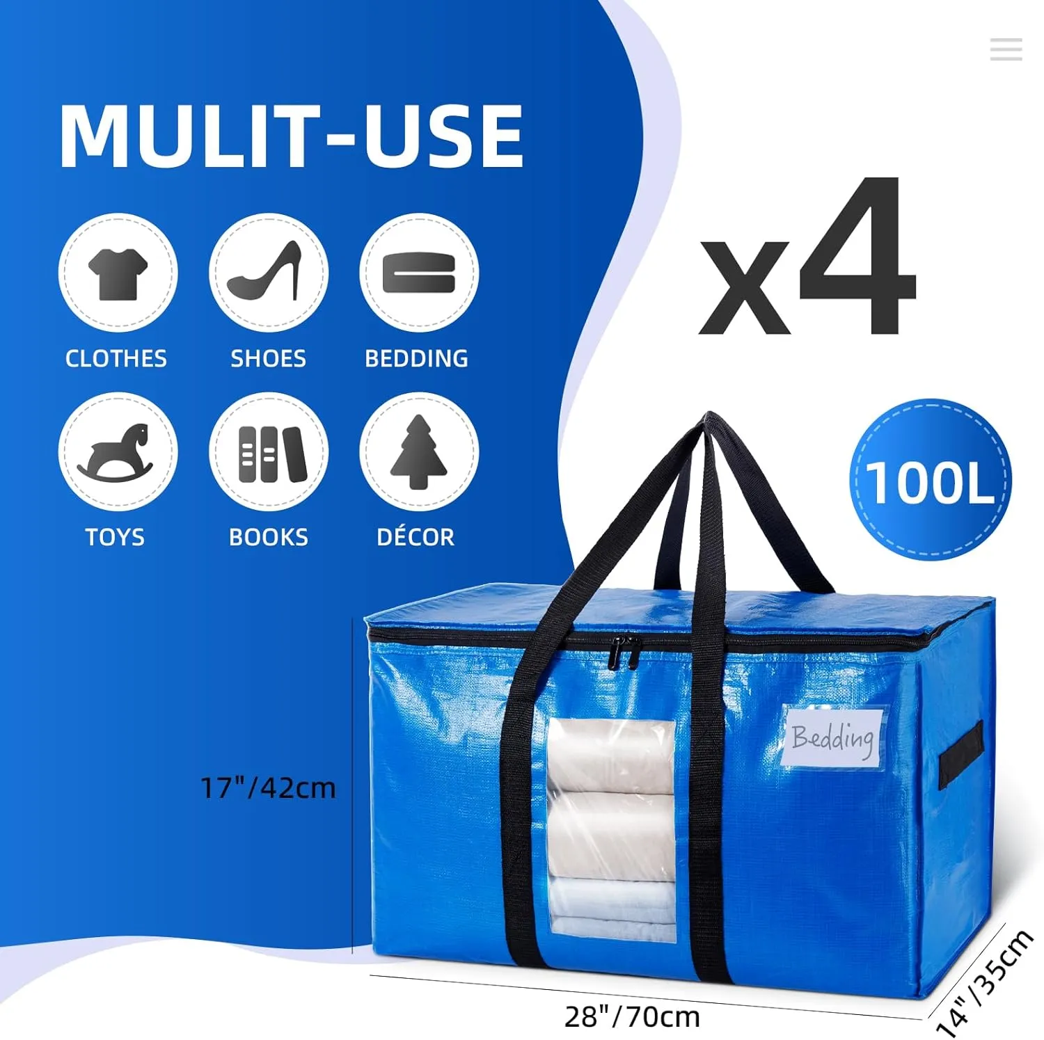 Bags, 4 Pack Blue Heavy Duty Totes For examine component eradicate Storage with Visible Window, Wrap Around Handles, Storage Bags for Space Saving, Alternative to Moving Boxes TAILI Extra Large Moving 