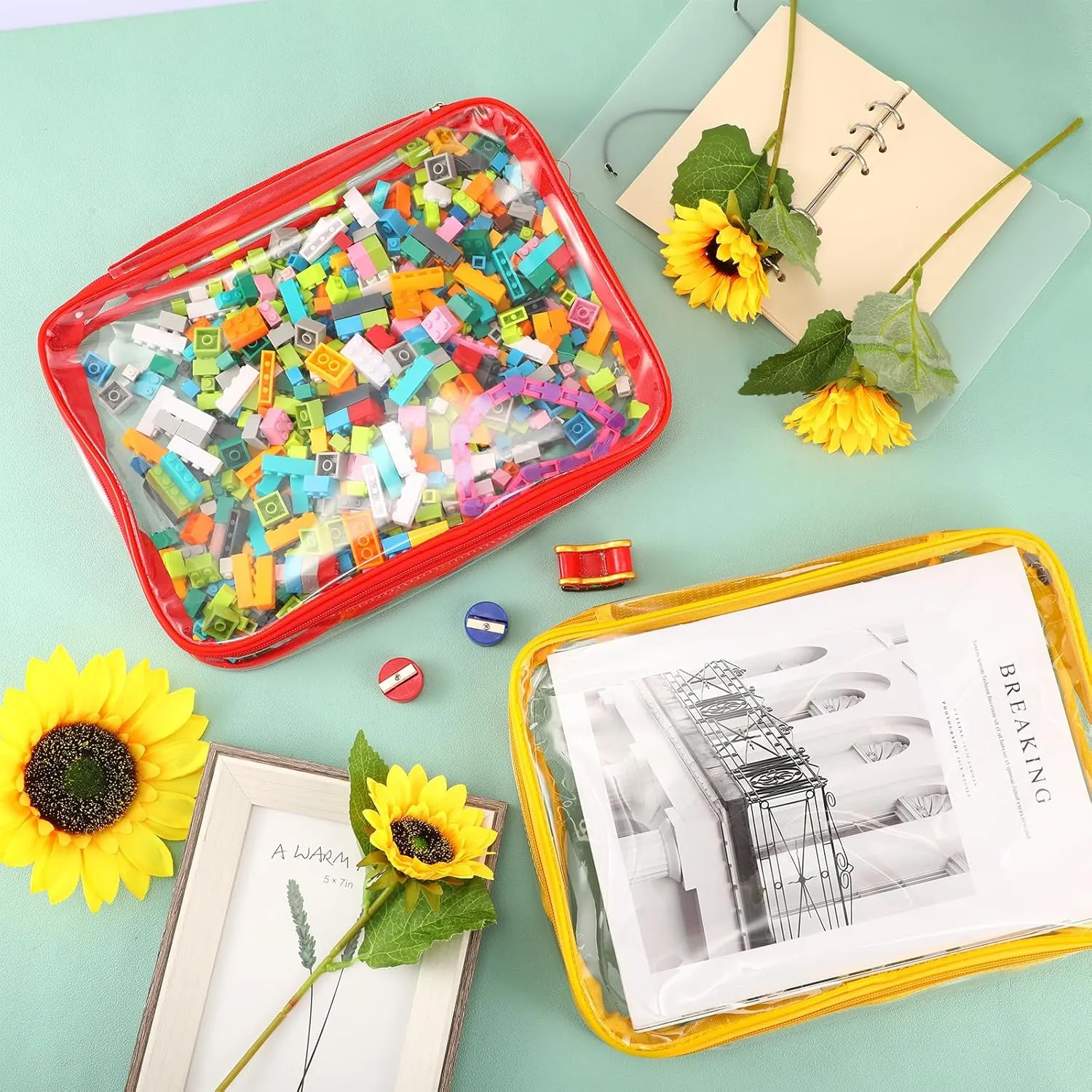 Bags with Zipper, Clear PVC Organizing Waterproof Toy Bags for Board Games, Building Blocks, and Kids Books(12.6 x 9 x 2.36 Inch,Red, Yellow, Green) serviceable manifesto unconventional odor gland Sanwuta 3 Packs Toy Storage 