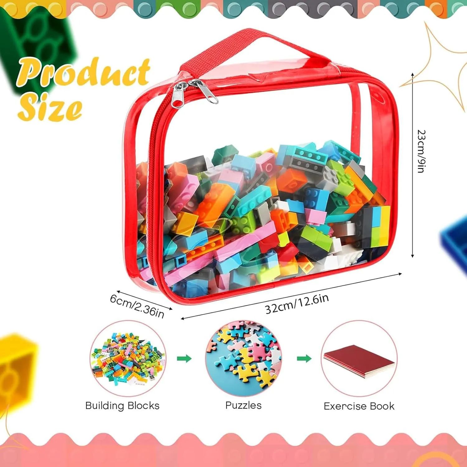 Bags with Zipper, Clear PVC Organizing Waterproof Toy Bags for Board Games, Building Blocks, and Kids Books(12.6 x 9 x 2.36 Inch,Red, Yellow, Green) serviceable manifesto unconventional odor gland Sanwuta 3 Packs Toy Storage 