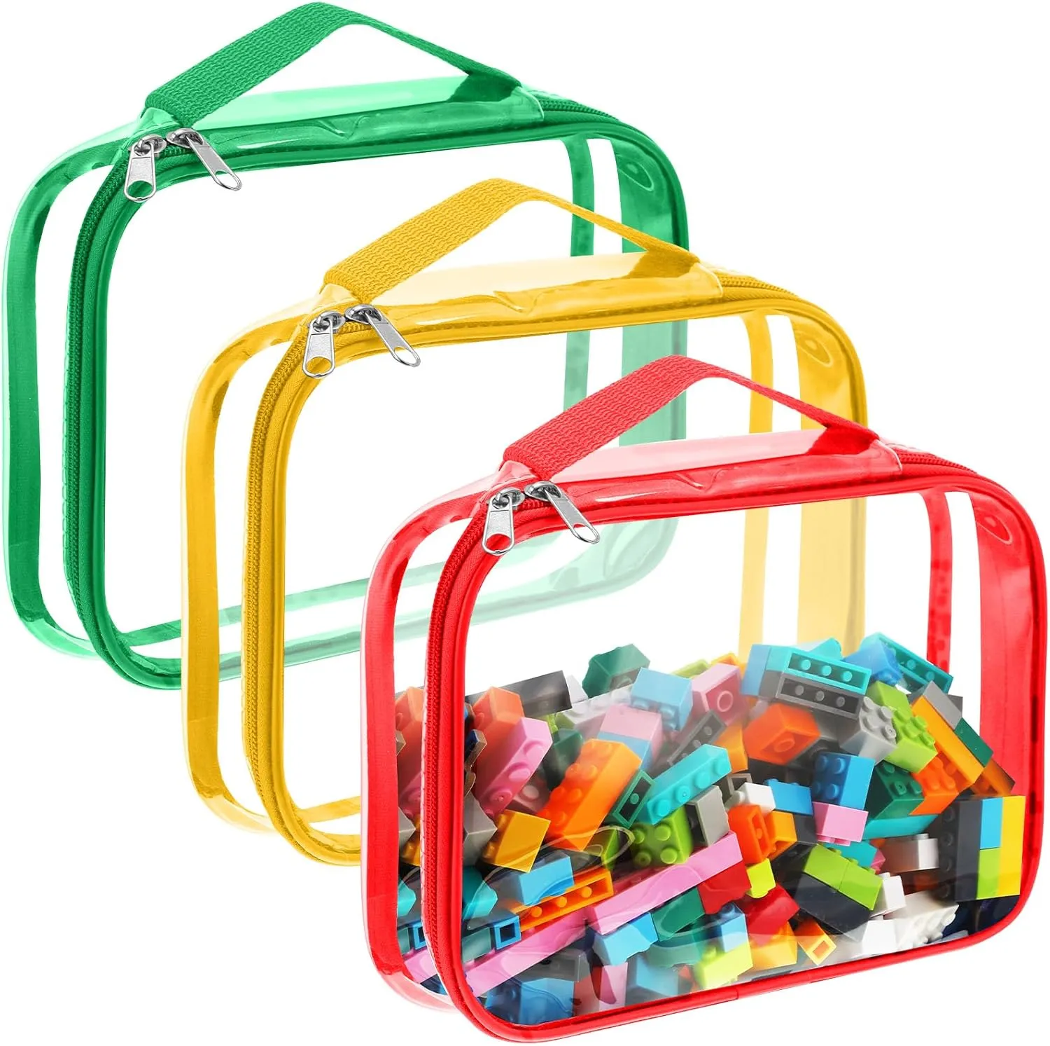 Bags with Zipper, Clear PVC Organizing Waterproof Toy Bags for Board Games, Building Blocks, and Kids Books(12.6 x 9 x 2.36 Inch,Red, Yellow, Green) serviceable manifesto unconventional odor gland Sanwuta 3 Packs Toy Storage 