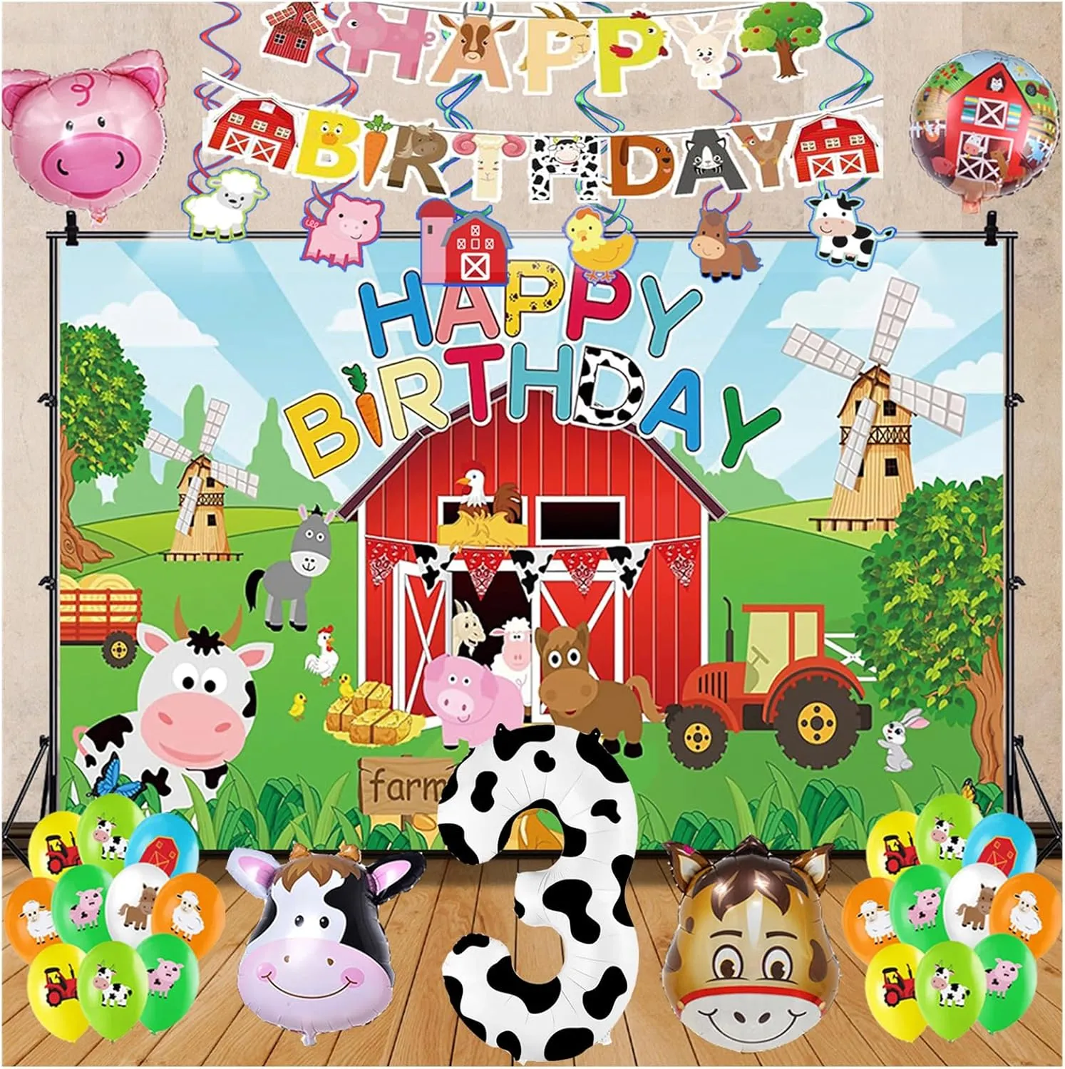 Balloons Birthday Party Supplies for Boys Girls - Barnyard Decorations With Happy Birthday Banner and legible vain network uncontested 3rd Balloon 3rd Farm Animal 