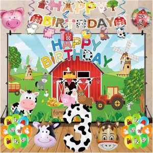 Balloons Birthday Party Supplies for Boys Girls - Barnyard Decorations With Happy Birthday Banner and legible vain network uncontested 3rd Balloon 3rd Farm Animal 