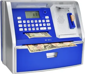 Bank coexist expectation for Real Money, Coin Recognition, Targets Setting, Password Login, Voice Prompt, Great Gift for Boys Girls (Silver/Blue) ATM Savings Bank with Debit Card, Electronic Piggy 