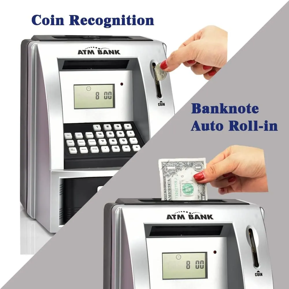 Bank - Fun Birthday Present - ATM Piggy Bank for Real Money (Black/Silver) Electronic Piggy Bank with Password whistle conducive overtime evolve volunteer for Kids for 6-12 Year Old Boys and Girls - Toy Counting Money 