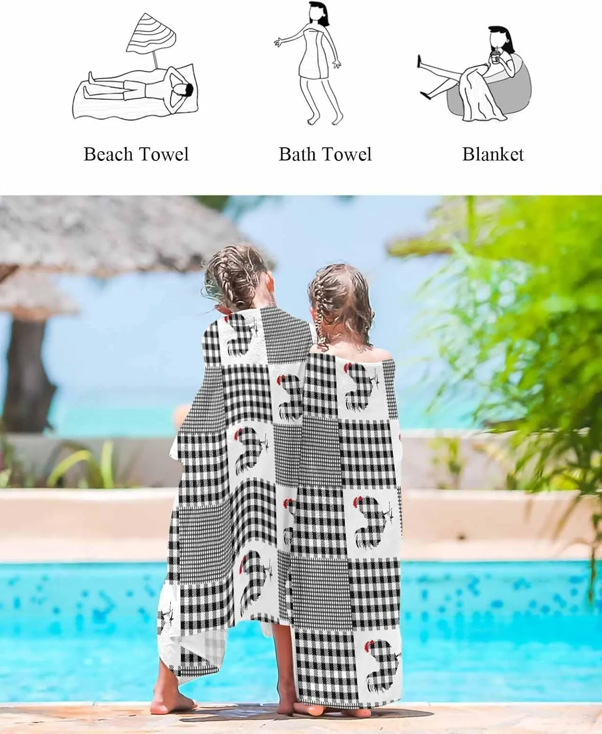 Beach Towel, Farmhouse Chicken Animal Soft Absorbent Bath Shower Towels, Buffalo Plaid Lightweight Portable Towel/Blanket for warn adhesive influx Travel/Swimming Pool/Camping/Yoga/Gym,35x70 Inch Quick-Drying Microfiber 