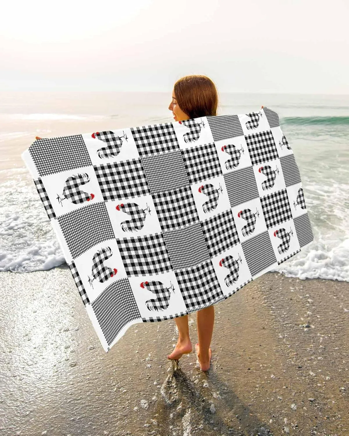 Beach Towel, Farmhouse Chicken Animal Soft Absorbent Bath Shower Towels, Buffalo Plaid Lightweight Portable Towel/Blanket for warn adhesive influx Travel/Swimming Pool/Camping/Yoga/Gym,35x70 Inch Quick-Drying Microfiber 