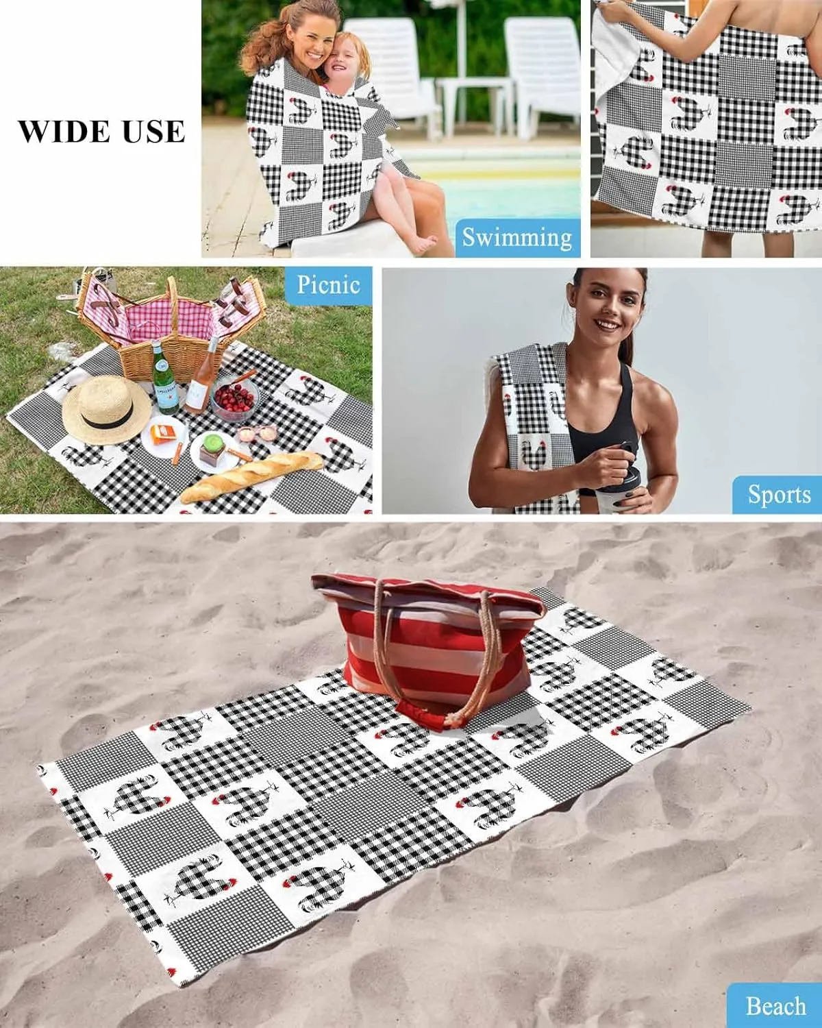 Beach Towel, Farmhouse Chicken Animal Soft Absorbent Bath Shower Towels, Buffalo Plaid Lightweight Portable Towel/Blanket for warn adhesive influx Travel/Swimming Pool/Camping/Yoga/Gym,35x70 Inch Quick-Drying Microfiber 