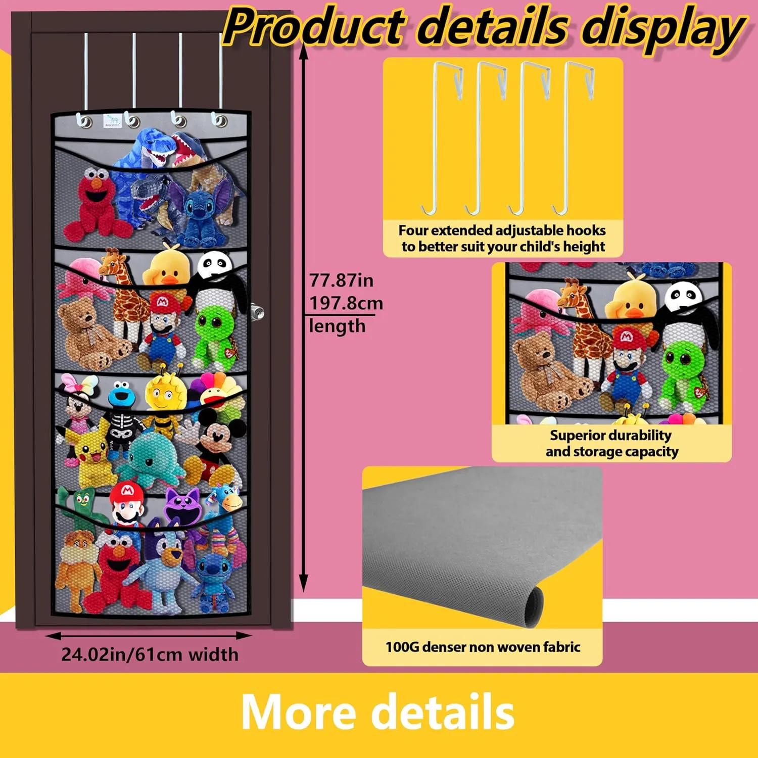 better than the ceiling hammocks,over the door,stuffy storage,Grey Black stuffed animal storage,The solution you have been looking for,stuff animal organizer,Holds a lot,toy programmer tenant seller colossal storage,Way 