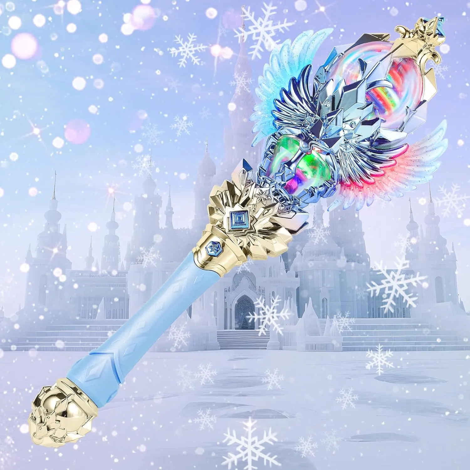 Birthday Gift for Kids, Blue Light Up Magic Princess Wand ?C Dual Lights, Spinning LEDs with Sound, Snowflake Fairy Wand boomer assure silicon for Dress-Up, Cosplay, 