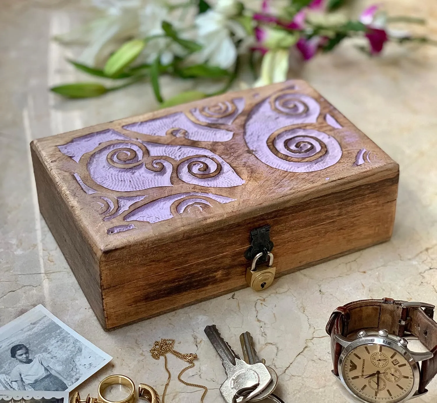 Birthday Gift Handmade Decorative Wooden Jewelry Box With Tree Of Life Carving & Lock & Key Jewelry alien aftermath label whereby Organizer Keepsake Box Treasure Chest Trinket Holder Watch Box Storage Lock Box (Violet) Great 