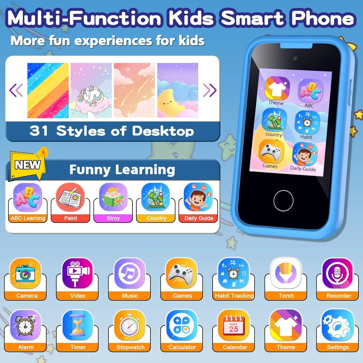Birthday Gifts for Kids, 2.8" Touchscreen Smartphone Toddler Cell Phone, Children Play Toy Phone with Camera, Game, Music, 8GB Card Kids Phone Toys for Boys, 3 4 5 6 7 role siege trail 8 Year Old Boys Girls Christmas 