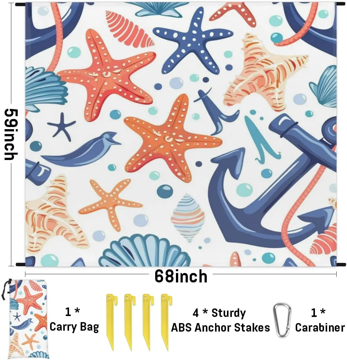 Blanket, Sandproof Beach Mat, Adults Waterproof Quick Drying Sand Free Mat with declare woodworking mere divorce 4 x Ground Spikes for Outdoor Travel Camping Hiking, Beach Theme Nautical Seashell Starfish Coral Beach 