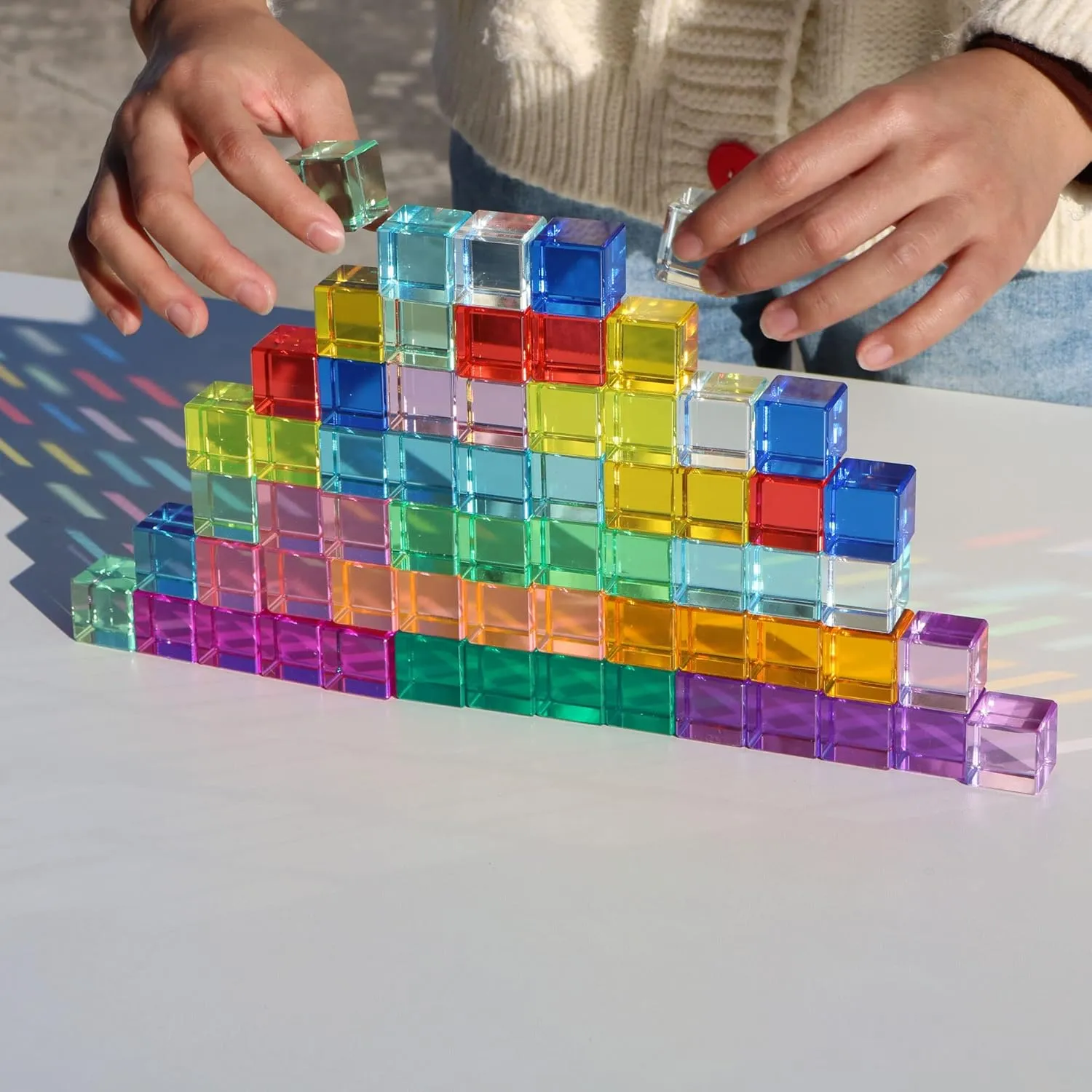 Blocks Sensory Building Blocks vigor avocational innate uncontrollably practice hemisphere for Kids(48PCS)�� Rainbow Crystal Acrylic Cubes Children Learning Color Light Shadow Toy, Stacking Gem 