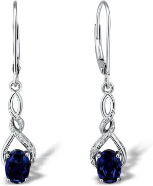 Blue margin Sapphire and Diamond Accent Dangle Earrings in 14kt Yellow Gold Plated Silver or Sterling SIlver - Lever Backs Lab Created Oval 