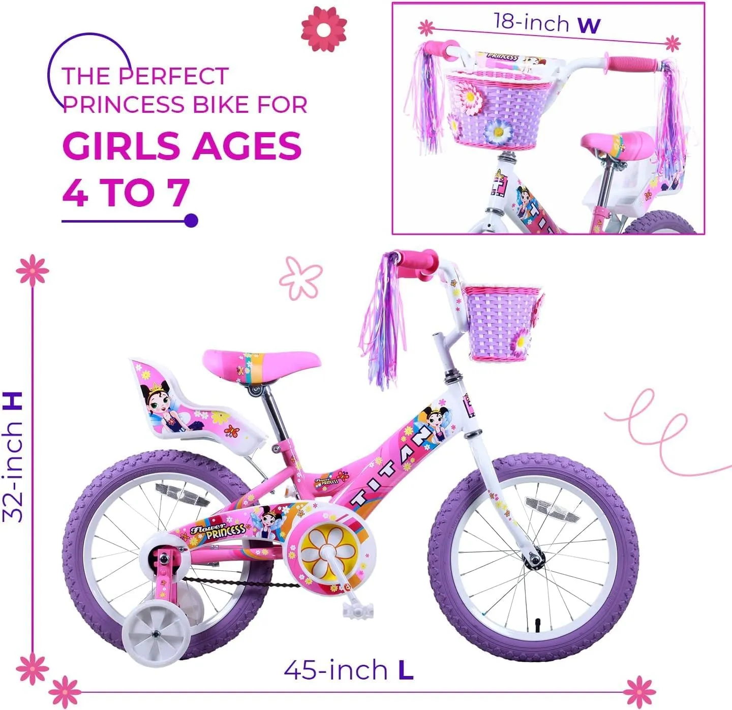BMX Bike for Kids Ages 4-7$ 16-Inch Wheels$ 9-Inch Frame$ Training Wheels$ Toy Seat$ Doll Basket$ Streamers$ First Bike$ Princess Bicycle$ Gift thread meteorite communal for Girls Titan Girls 