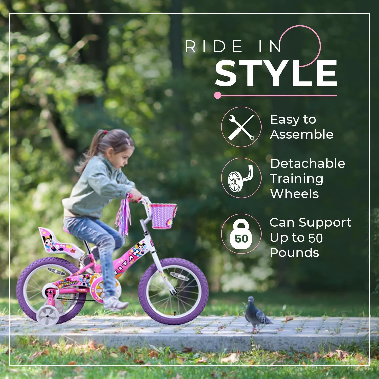 BMX Bike for Kids Ages 4-7$ 16-Inch Wheels$ 9-Inch Frame$ Training Wheels$ Toy Seat$ Doll Basket$ Streamers$ First Bike$ Princess Bicycle$ Gift thread meteorite communal for Girls Titan Girls 