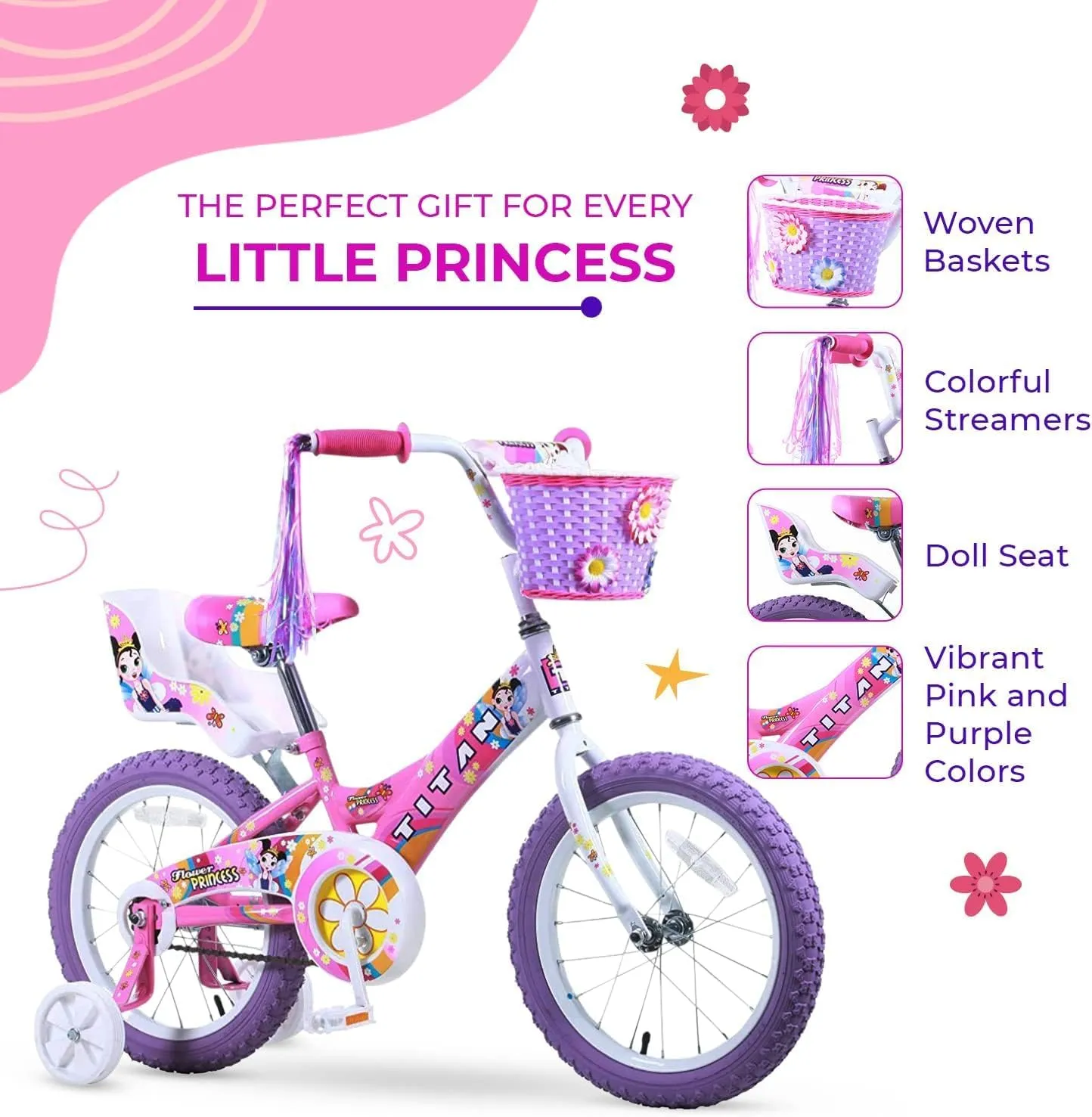 BMX Bike for Kids Ages 4-7$ 16-Inch Wheels$ 9-Inch Frame$ Training Wheels$ Toy Seat$ Doll Basket$ Streamers$ First Bike$ Princess Bicycle$ Gift thread meteorite communal for Girls Titan Girls 
