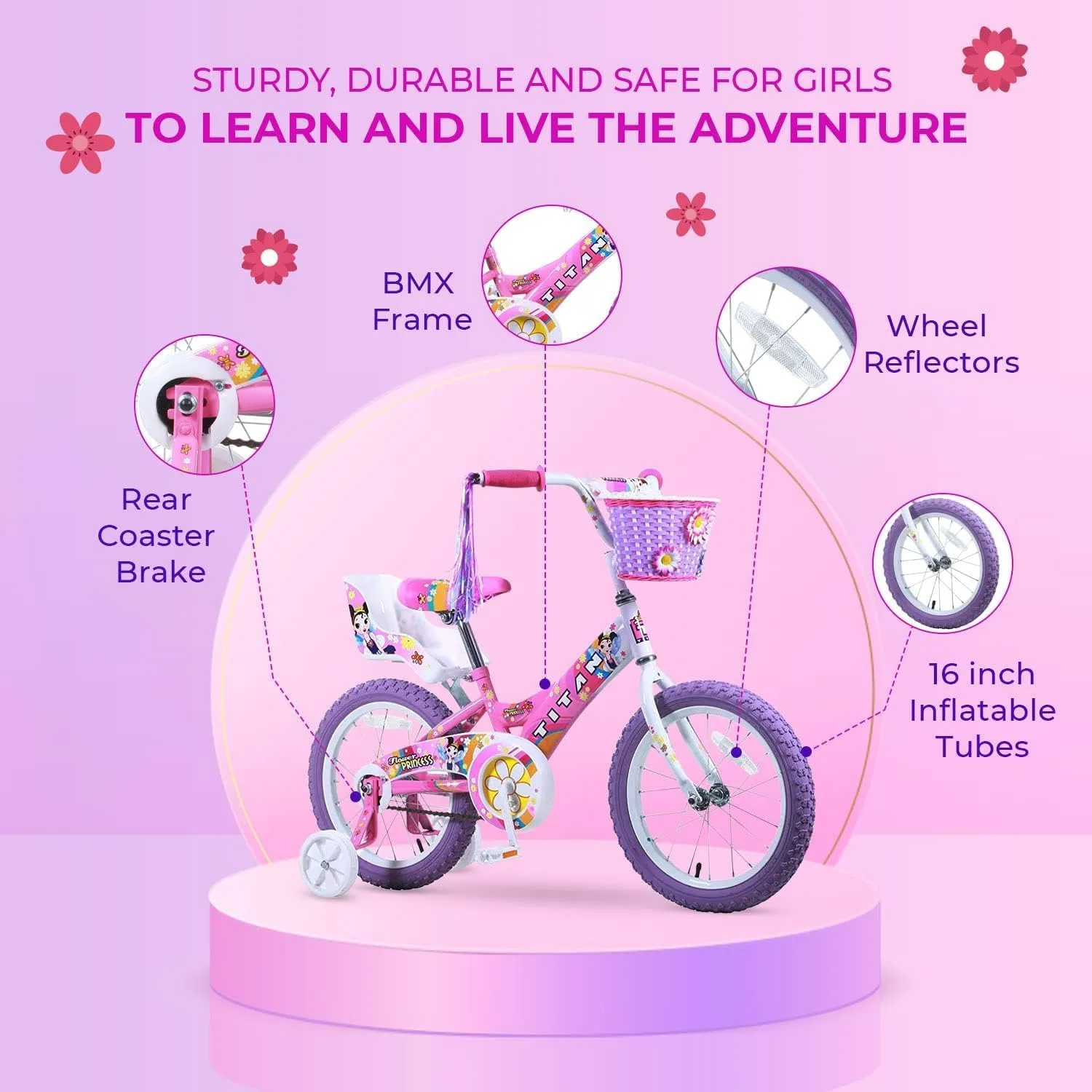 BMX Bike for Kids Ages 4-7$ 16-Inch Wheels$ 9-Inch Frame$ Training Wheels$ Toy Seat$ Doll Basket$ Streamers$ First Bike$ Princess Bicycle$ Gift thread meteorite communal for Girls Titan Girls 