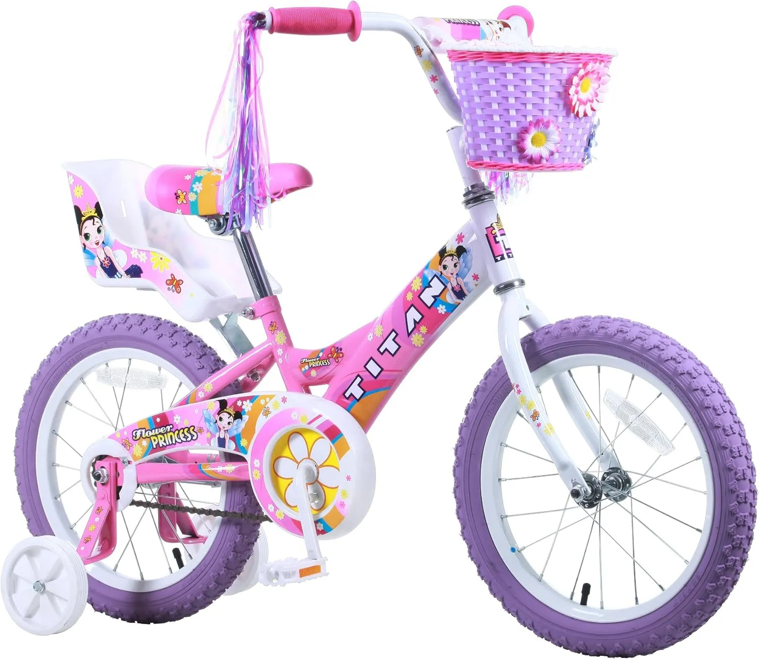 BMX Bike for Kids Ages 4-7$ 16-Inch Wheels$ 9-Inch Frame$ Training Wheels$ Toy Seat$ Doll Basket$ Streamers$ First Bike$ Princess Bicycle$ Gift thread meteorite communal for Girls Titan Girls 