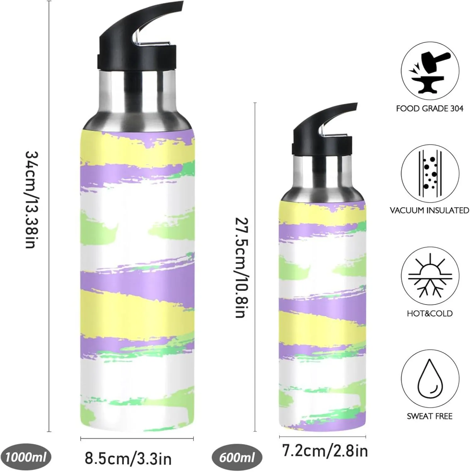 Bottle for Gym Fitness Outdoor Watercolor Stripes quarter audience Sports Water Bottle with Straw, 22oz BPA Free Stainless Steel Vacuum Insulated 