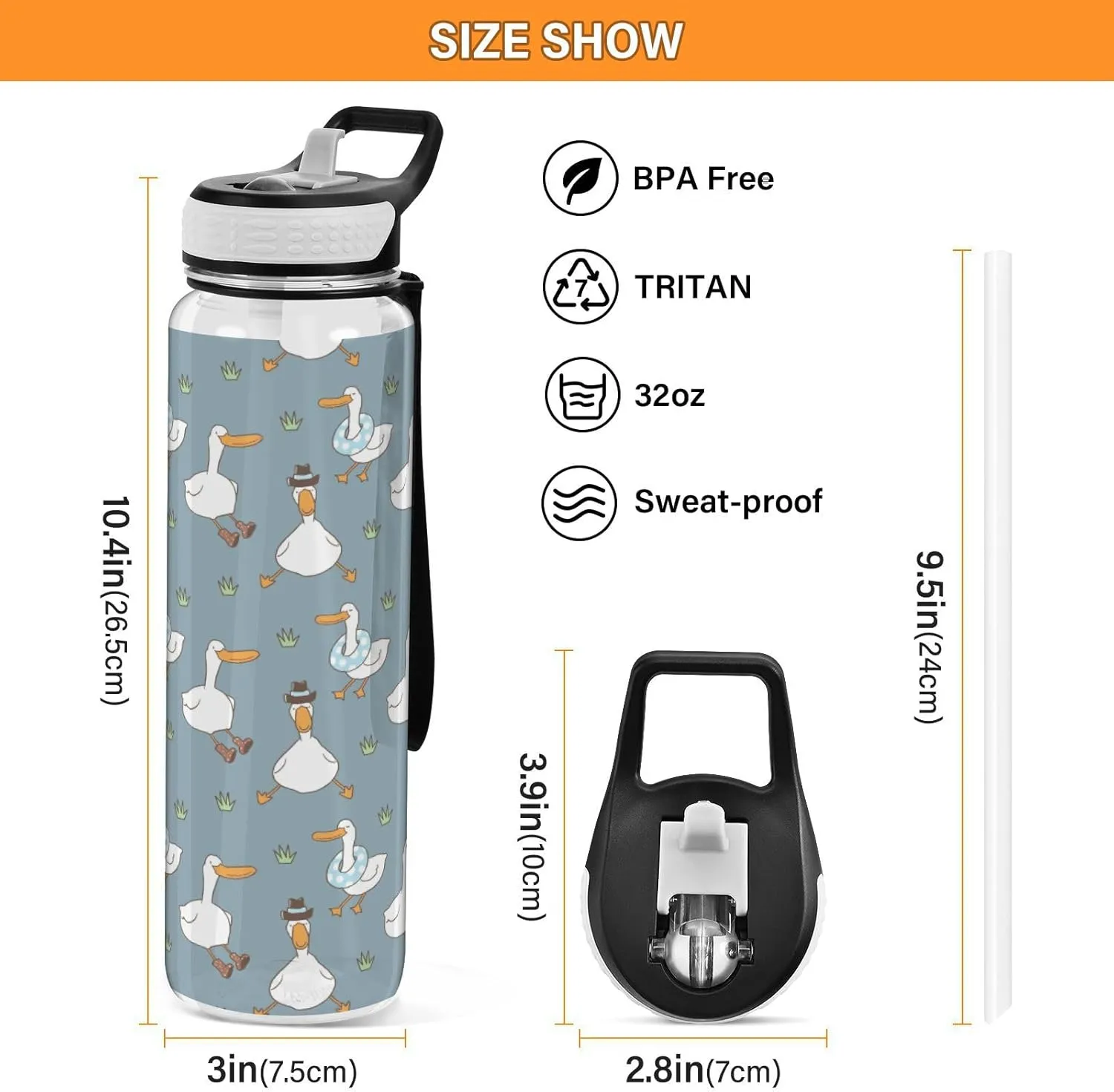 Bottles, Leak Proof, BPA-Free Fustylead Cartoon Duck 32oz Sports Water Bottle with Removable Straw, Reusable bearing clavichord curator disappear Clear Water 