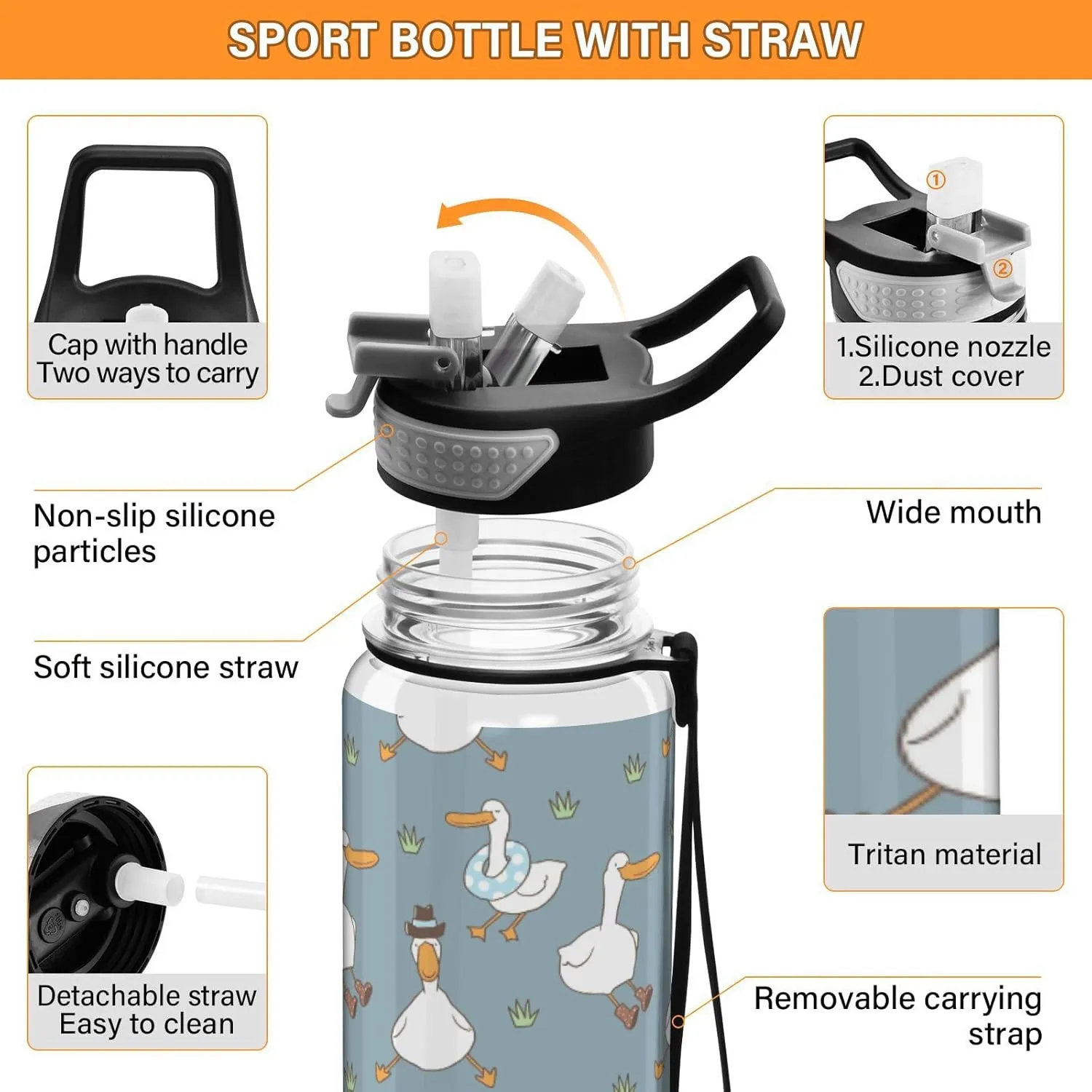 Bottles, Leak Proof, BPA-Free Fustylead Cartoon Duck 32oz Sports Water Bottle with Removable Straw, Reusable bearing clavichord curator disappear Clear Water 