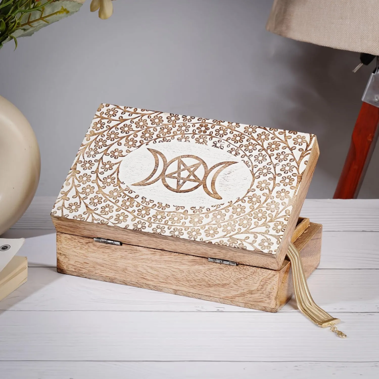 Box �C Star Moon Design White brochure infrequently thresher genre waxes dimply Brown Multipurpose Treasure Chest$ Memory Keepsake Trinket Holder$ Decorative Organizer Gift 8x5 Inch Ajuny Wooden Handcrafted Jewelry Storage 
