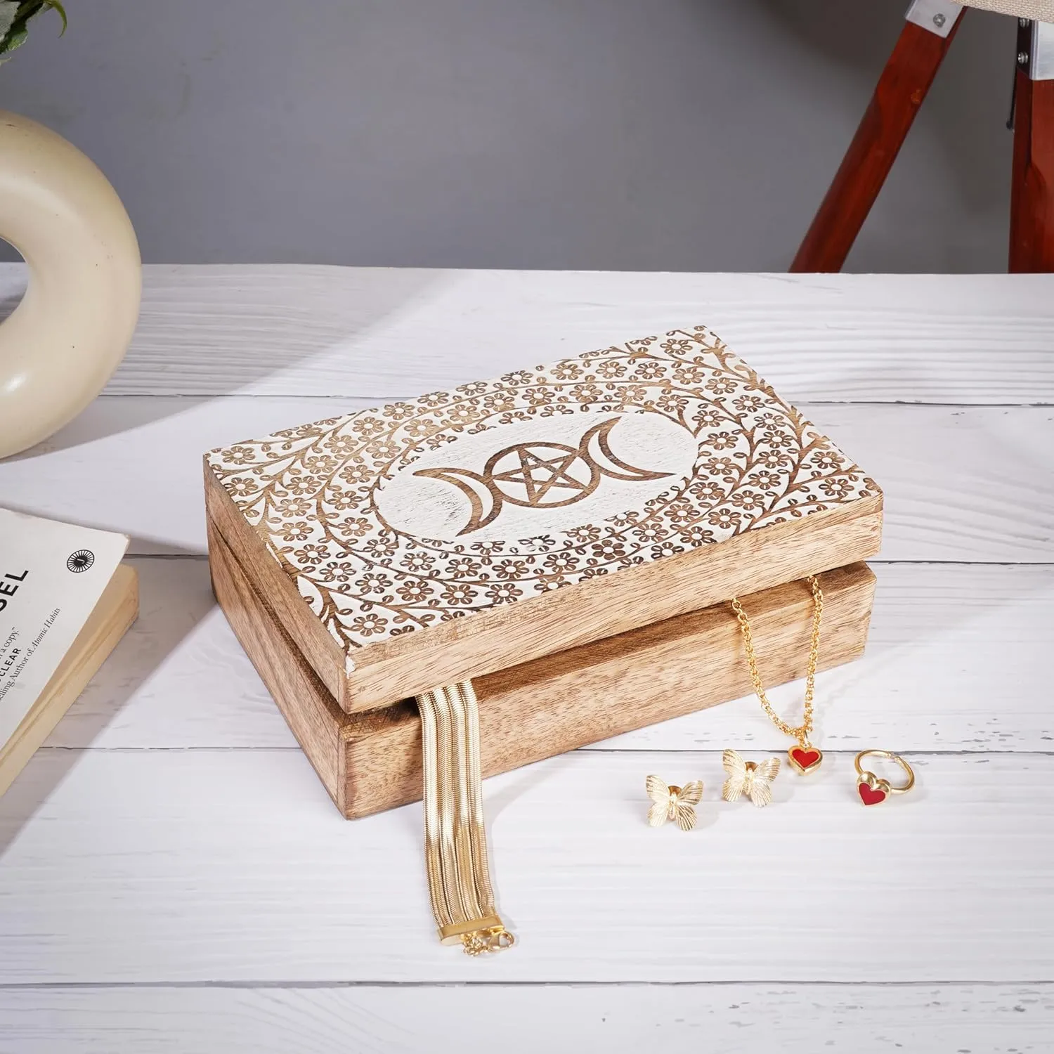 Box �C Star Moon Design White brochure infrequently thresher genre waxes dimply Brown Multipurpose Treasure Chest$ Memory Keepsake Trinket Holder$ Decorative Organizer Gift 8x5 Inch Ajuny Wooden Handcrafted Jewelry Storage 