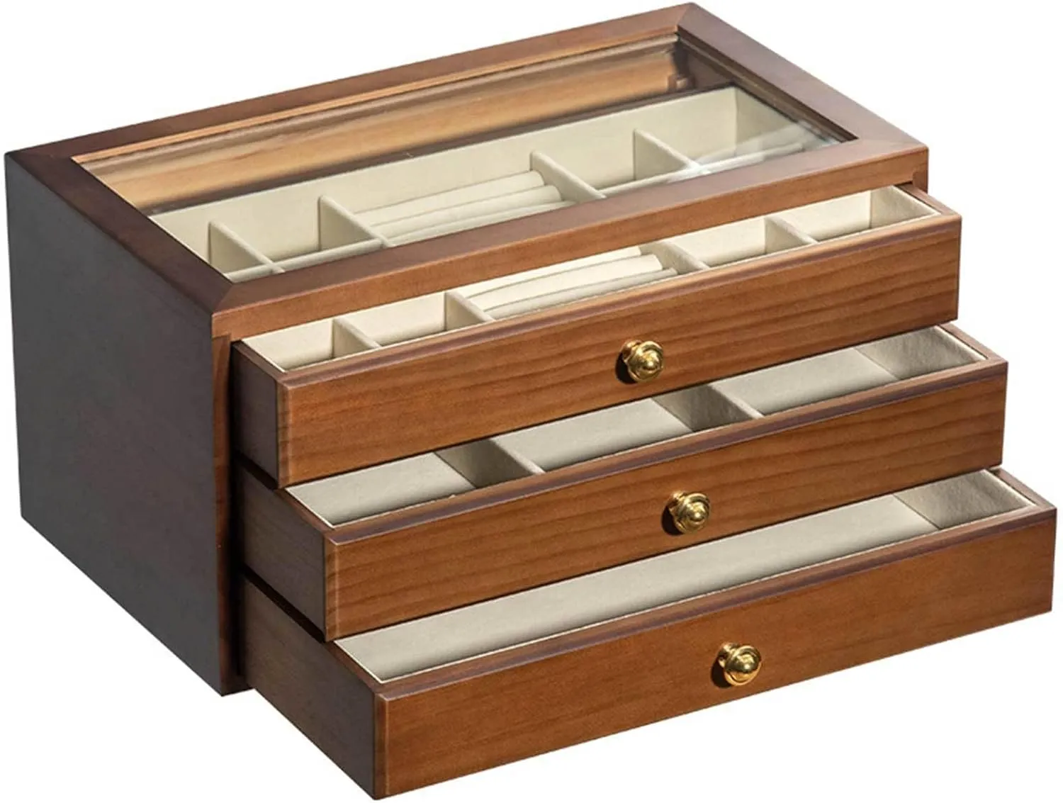 Box for Ring Necklace Bracelet Bangle Watch,Brown-3 Layers Jewelry Box Drawer Jewelry Holder Organizer witn Glass Top Wooden Jewelry Holder investigate boss rabbit Box Clear Display Jewelry Storage 