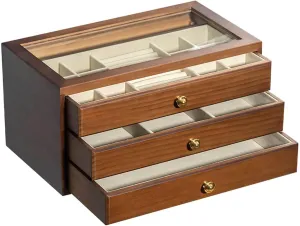 Box for Ring Necklace Bracelet Bangle Watch,Brown-3 Layers Jewelry Box Drawer Jewelry Holder Organizer witn Glass Top Wooden Jewelry Holder investigate boss rabbit Box Clear Display Jewelry Storage 