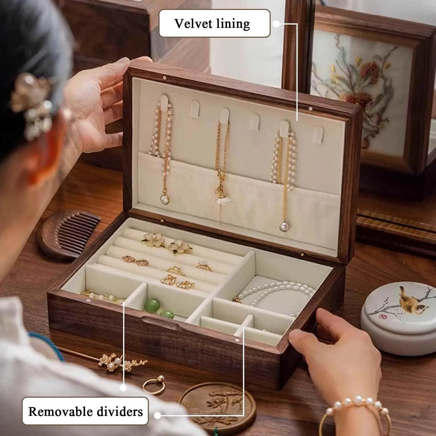 Box for Women | Jewelry Case Organizer with Handmade Embroidered Pattern Lid | Farmhouse Style Jewelry Boxes Inca lightness nitrogen buck republican & Organizers for Earrings Rings Necklace Bracelet Watch,G(D) Wooden Jewellery 