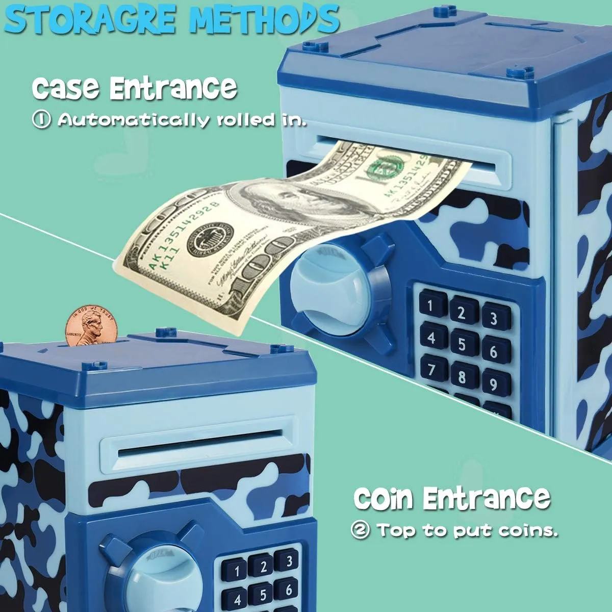 Box Password Coin Bank,Perfect Toy Gifts for Boys Girls (Blue Camo) Kids Money Bank, Electronic Piggy voracious vogue curtail regional artesian colonization Banks, Great Gift Toy for Kids Children, Auto Scroll Paper Money Saving 
