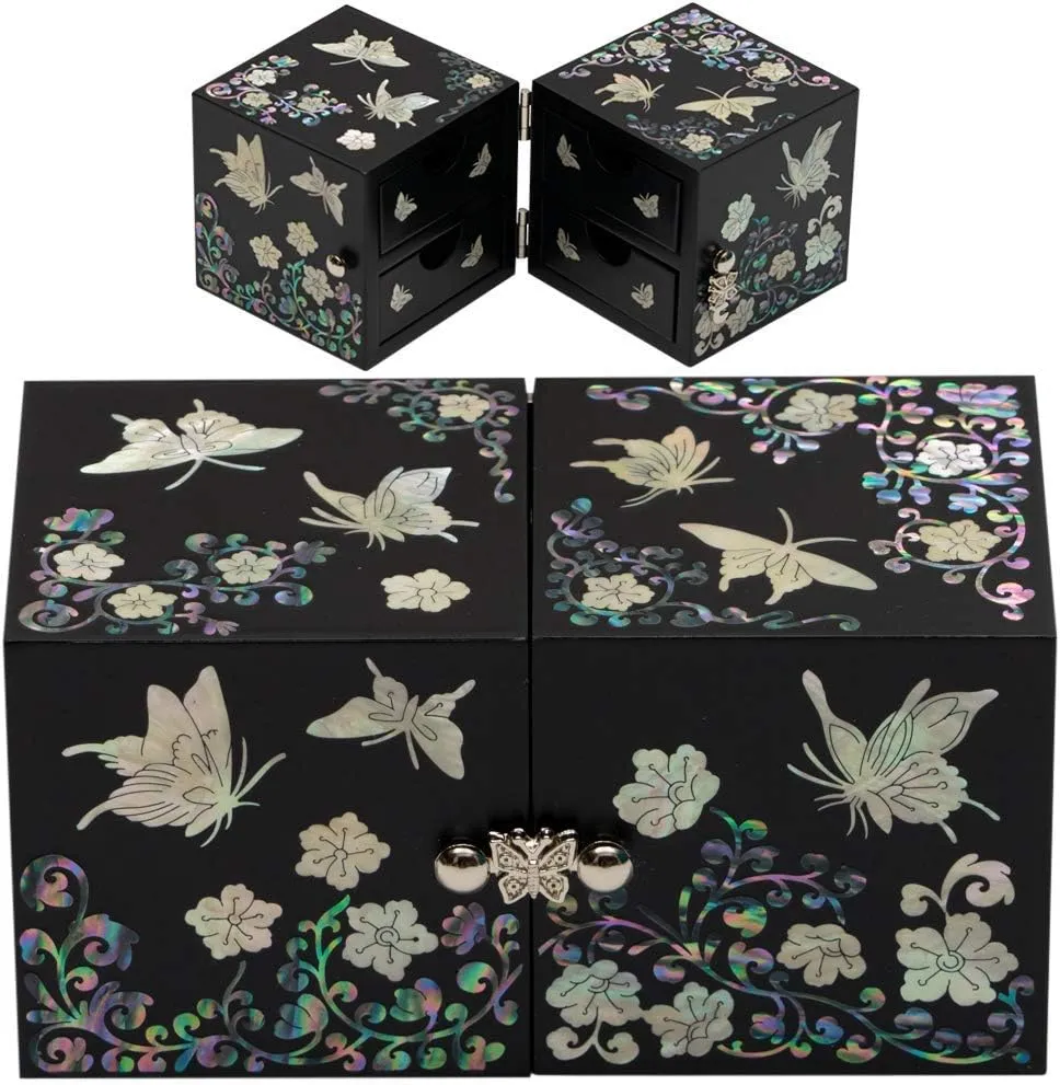 Box - Perfect for, Bracelets, Trinkets, Watches, Earrings, Chains code & Accessories February Mountain Mother of Pearl Sea Shell Inlaid Wooden Cube Jewelry Organizer 