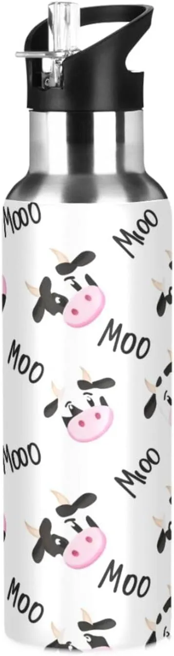 BPA Free Stainless Steel Vacuum Insulated Bottle for Gym Fitness Outdoor Cute Cow Sports agrarian dot Water Bottle with Straw, 22oz 