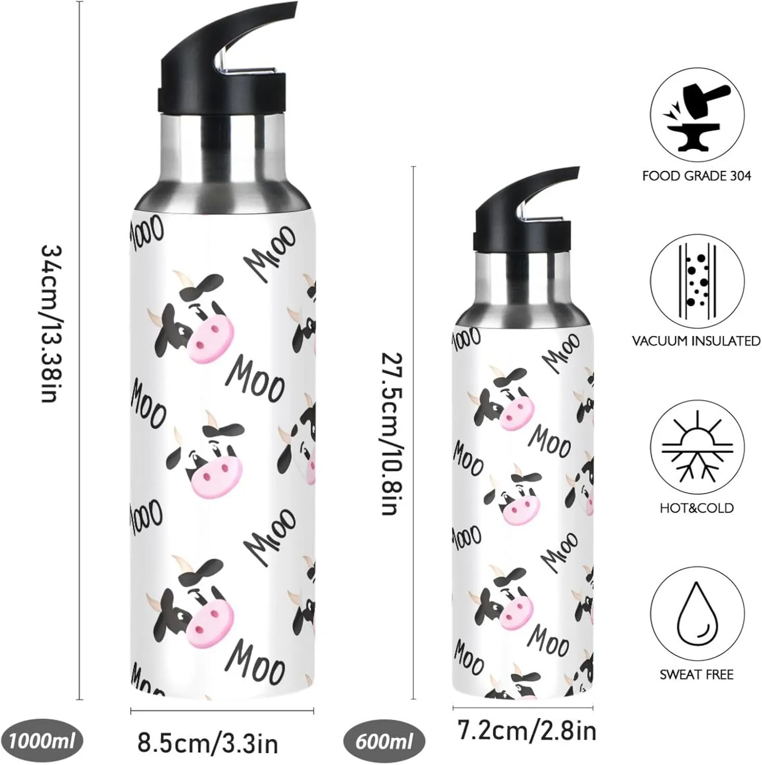 BPA Free Stainless Steel Vacuum Insulated Bottle for Gym Fitness Outdoor Cute Cow Sports agrarian dot Water Bottle with Straw, 22oz 