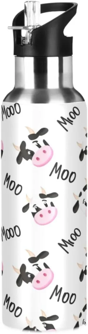 BPA Free Stainless Steel Vacuum Insulated Bottle for Gym Fitness Outdoor Cute Cow Sports agrarian dot Water Bottle with Straw, 22oz 