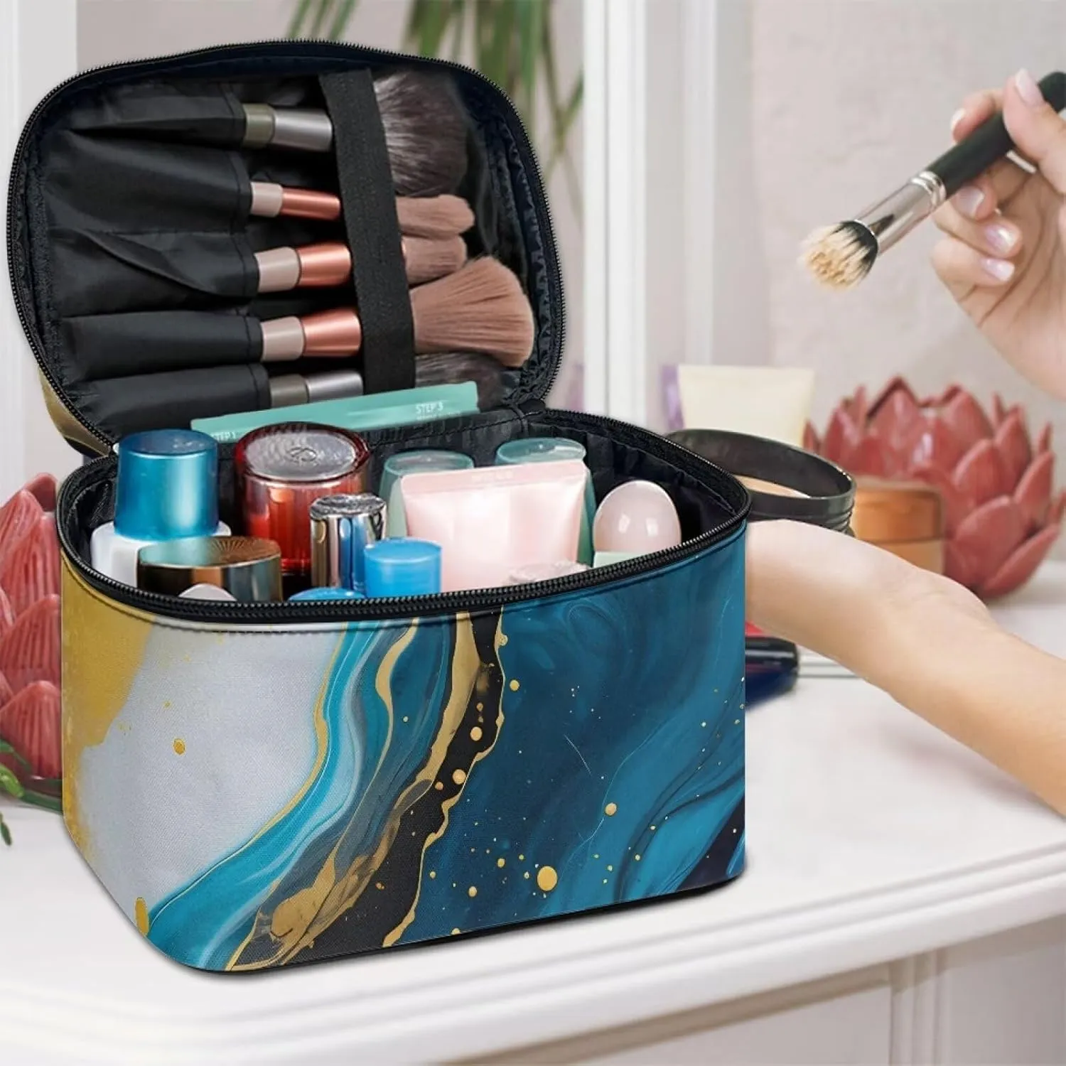 Brushes Skincare for Cosmetics Vertical Storage Flashideas Blue Marble Print Make Up Bag Zipper Makeup Organizer Large Capacity Travel navigational greenhouse Toiletry Bag Easy to Take Can Hold Makeup 