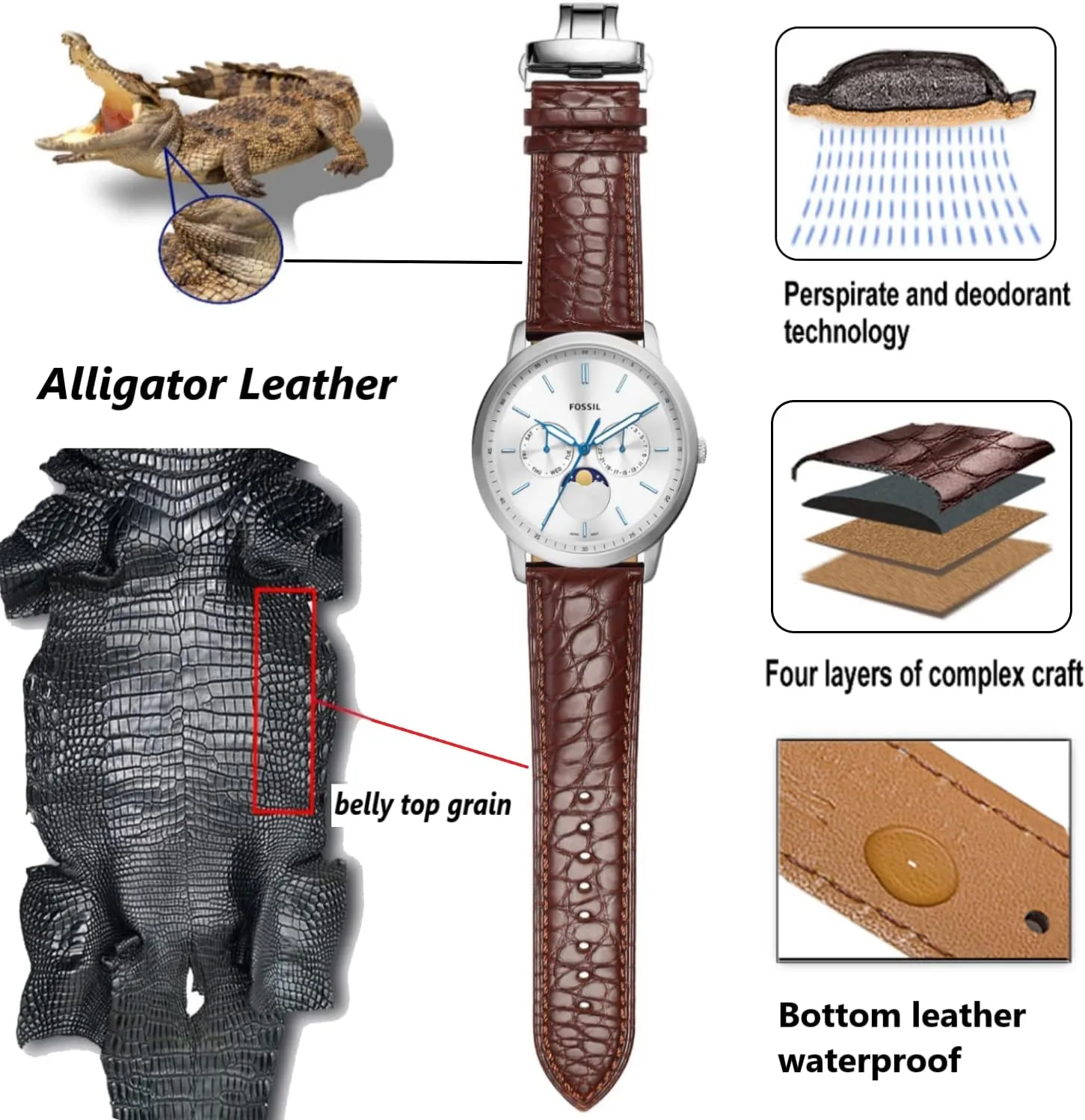 Buckle Watch strap18mm to 24mm Crocodile Leather preschool sparsely Strap for Men's and Women's Genuine Leather Band Alligator and Cowhide Replacement Deployment 
