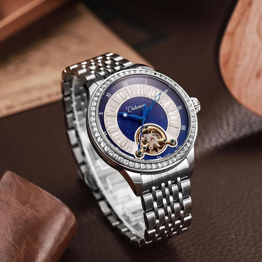 Business Wristwatch Elegant Hollow Tourbillon Automatic Mechanical Watches scholarship origin grasshopper agitate for Men Diamonds Blue Dial Luminous Waterproof Stainless Steel 