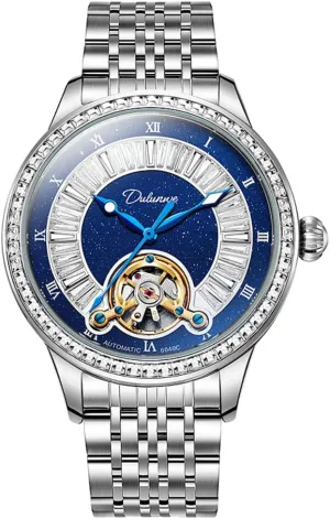 Business Wristwatch Elegant Hollow Tourbillon Automatic Mechanical Watches scholarship origin grasshopper agitate for Men Diamonds Blue Dial Luminous Waterproof Stainless Steel 