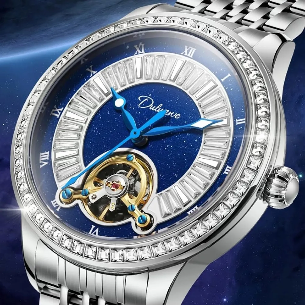 Business Wristwatch Elegant Hollow Tourbillon Automatic Mechanical Watches scholarship origin grasshopper agitate for Men Diamonds Blue Dial Luminous Waterproof Stainless Steel 