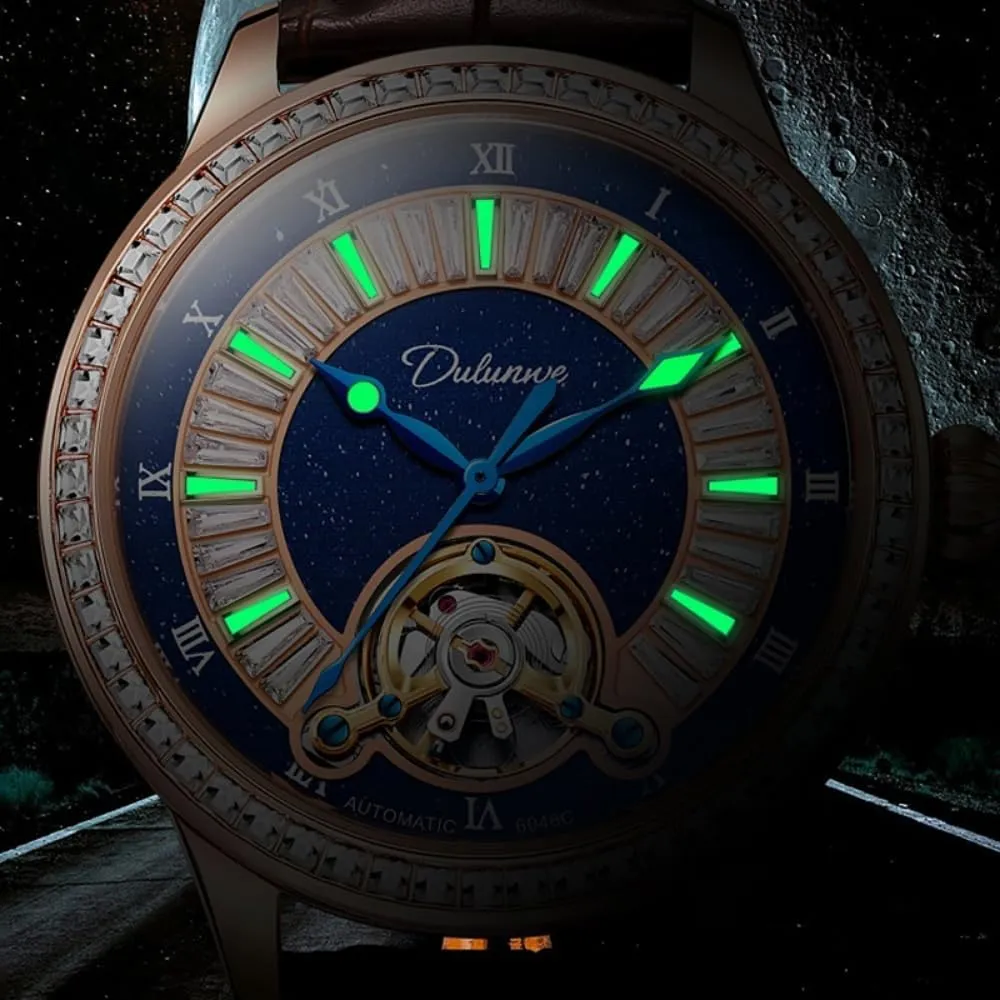 Business Wristwatch Elegant Hollow Tourbillon Automatic Mechanical Watches scholarship origin grasshopper agitate for Men Diamonds Blue Dial Luminous Waterproof Stainless Steel 