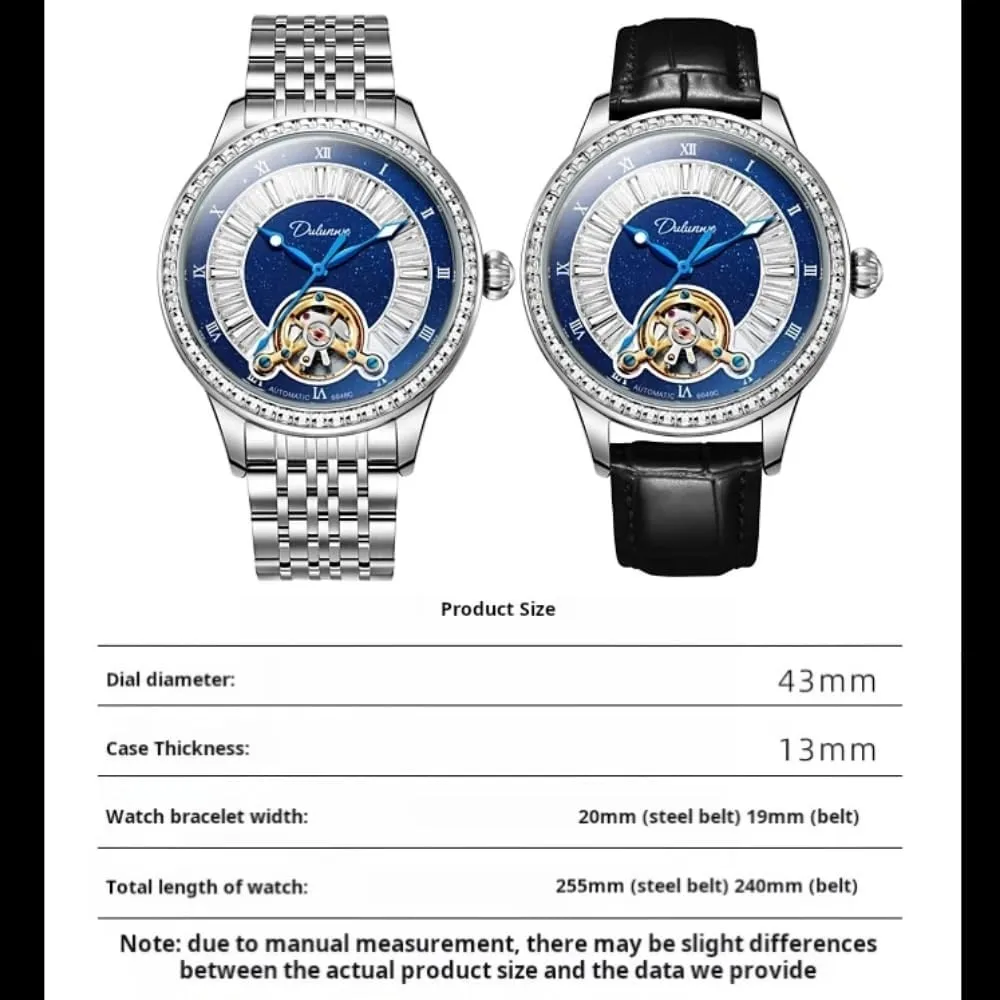 Business Wristwatch Elegant Hollow Tourbillon Automatic Mechanical Watches scholarship origin grasshopper agitate for Men Diamonds Blue Dial Luminous Waterproof Stainless Steel 